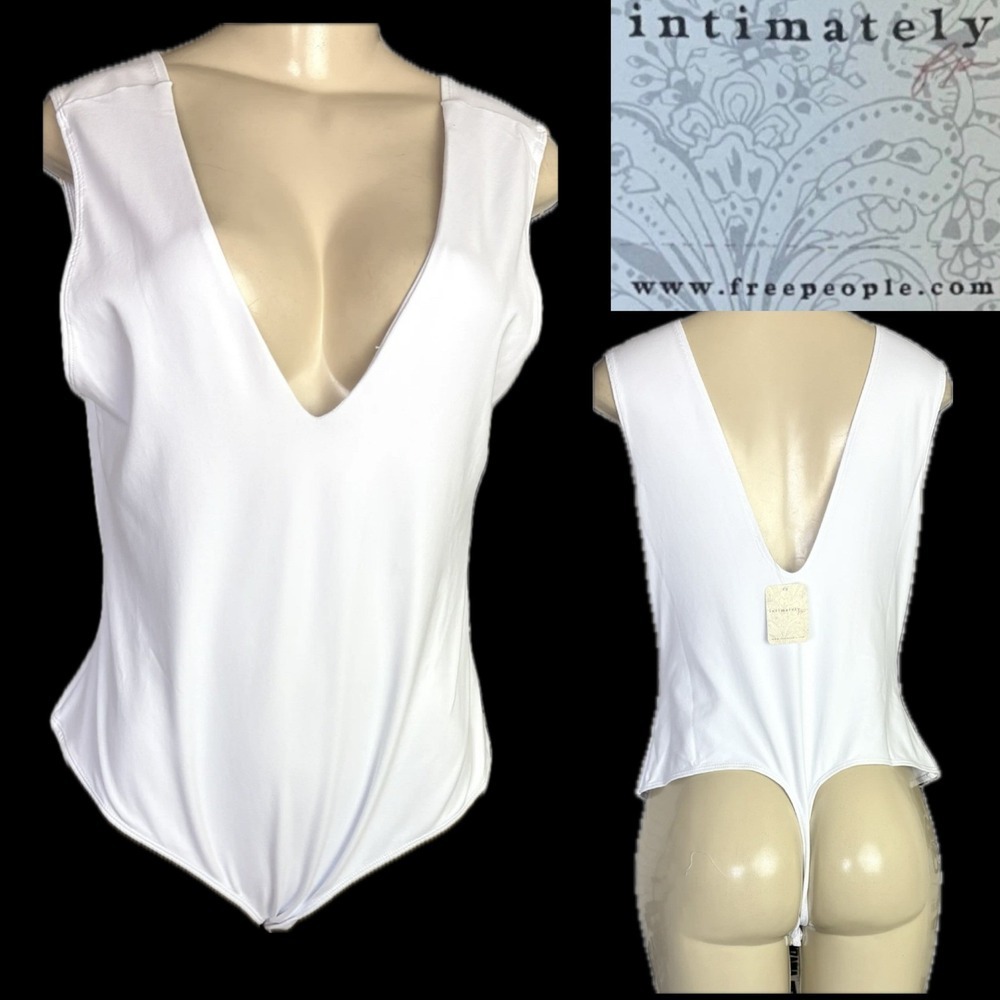 Intimately Free People White Deep V-Neck Sleeveless Low Back Thong Bodysuit XL